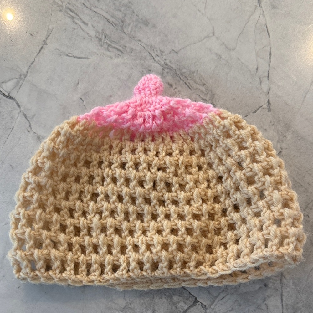 Handmade Pink and Tan Crochet Nipple Beanie